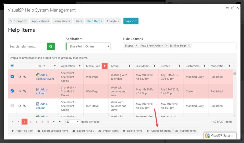 Unpublish help items in bulk – VisualSP Support